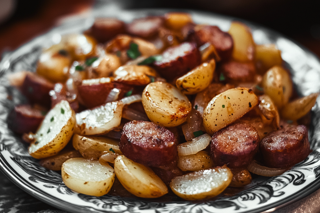 Fried Potatoes and Onions with Smoked Polish Sausage